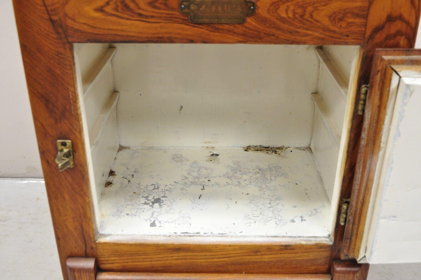 Antique Oak Wood Belding Hall Century Refrigerator Narrow Ice Box Chest In Good Condition In Philadelphia, PA