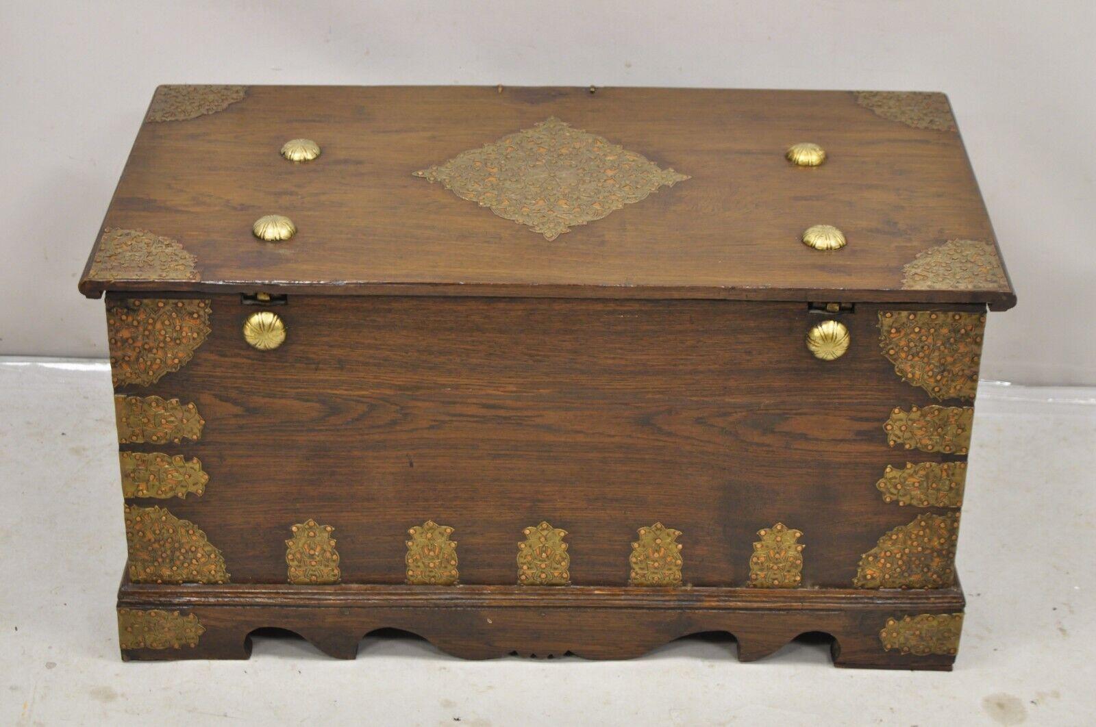 Antique Oak Wood & Brass Mounted Syrian Coffer Blanket Chest Trunk For Sale 5