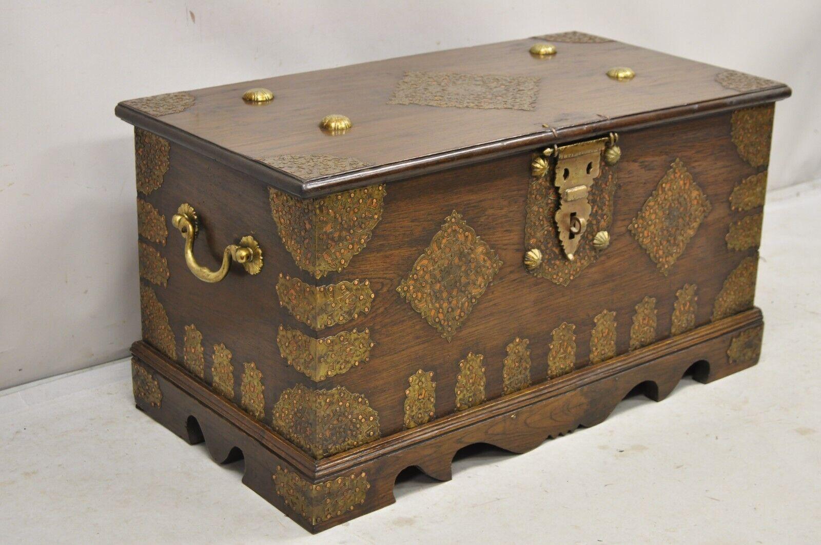 Antique Oak Wood & Brass Mounted Syrian Coffer Blanket Chest Trunk For Sale 9