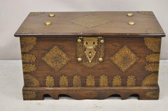 Antique Oak Wood & Brass Mounted Damascus Coffer Blanket Chest Trunk