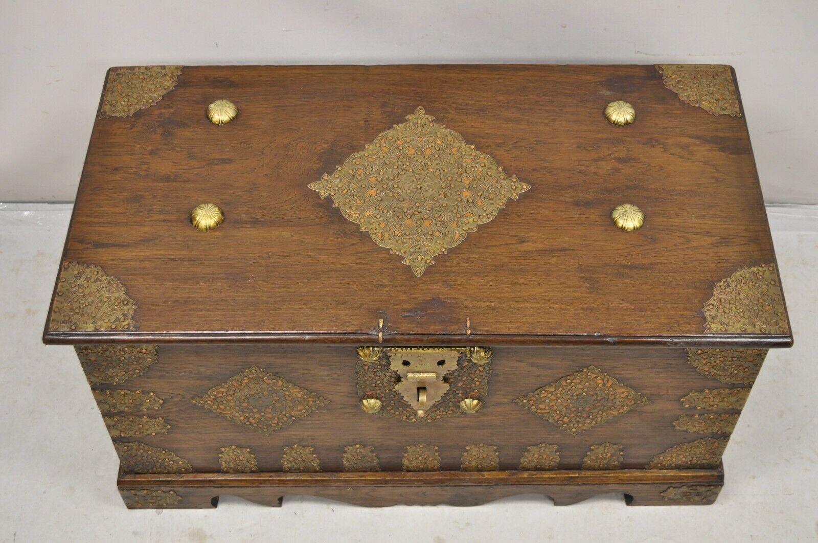 Islamic Antique Oak Wood & Brass Mounted Syrian Coffer Blanket Chest Trunk For Sale