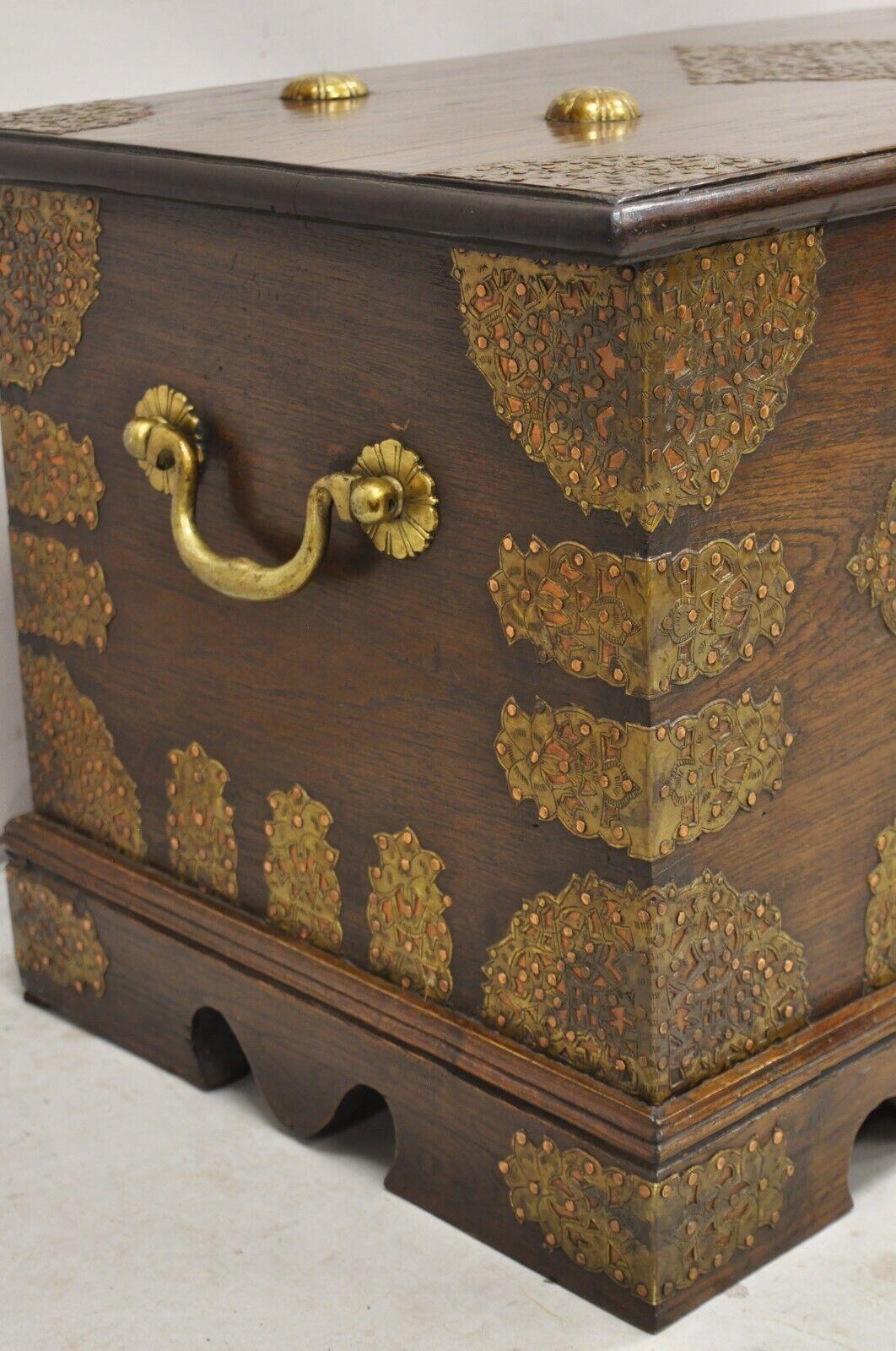 Early 20th Century Antique Oak Wood & Brass Mounted Syrian Coffer Blanket Chest Trunk For Sale