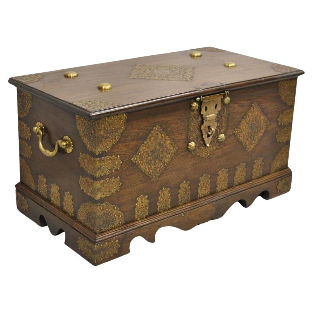 Antique Oak Wood & Brass Mounted Syrian Coffer Blanket Chest Trunk For Sale