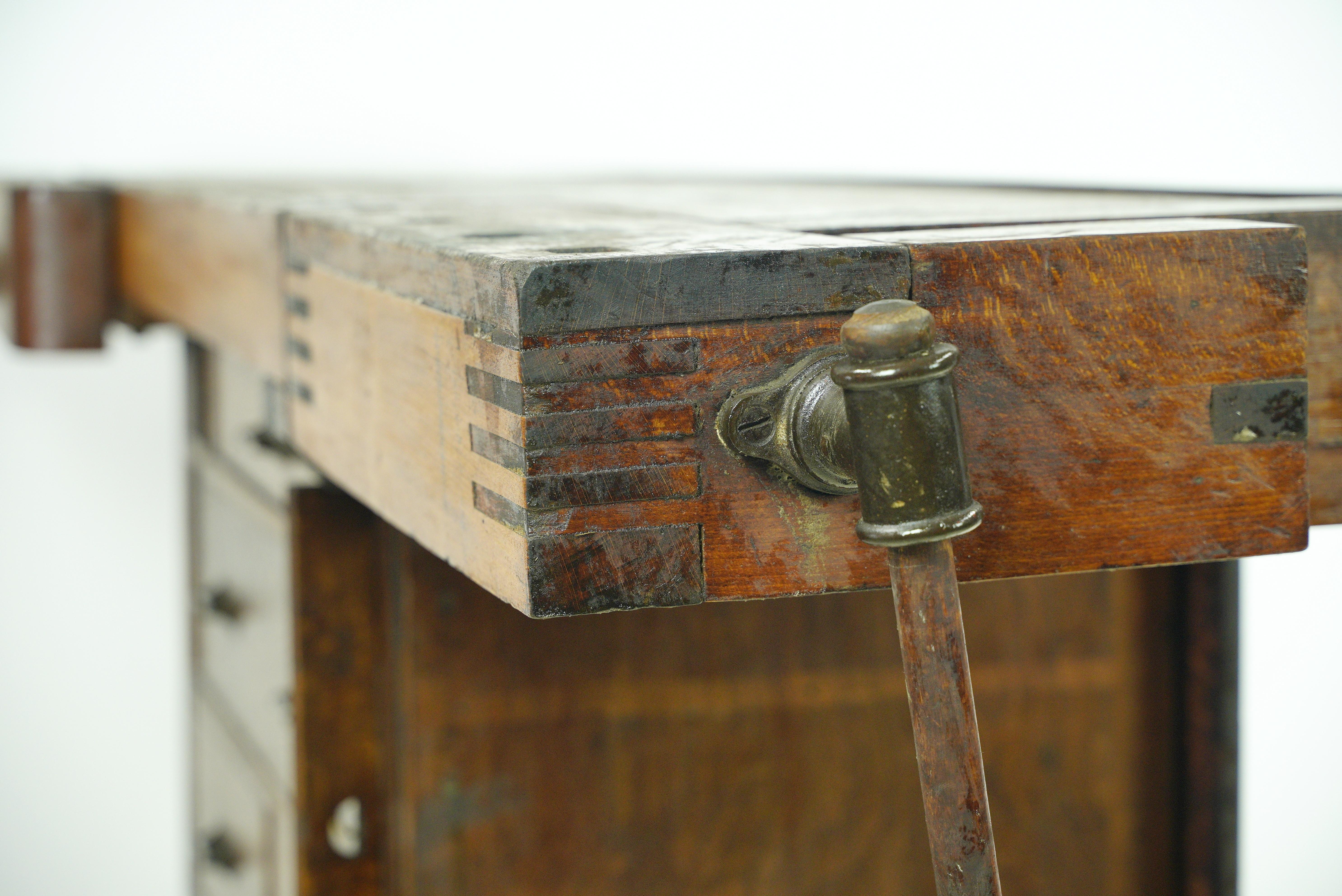 Antique Oak Wood Carpenters Work Bench Table w Vices For Sale 9