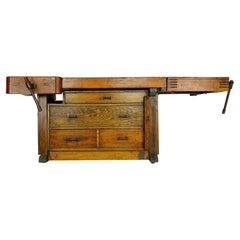 Antique Oak Wood Carpenters Work Bench Table w Vices