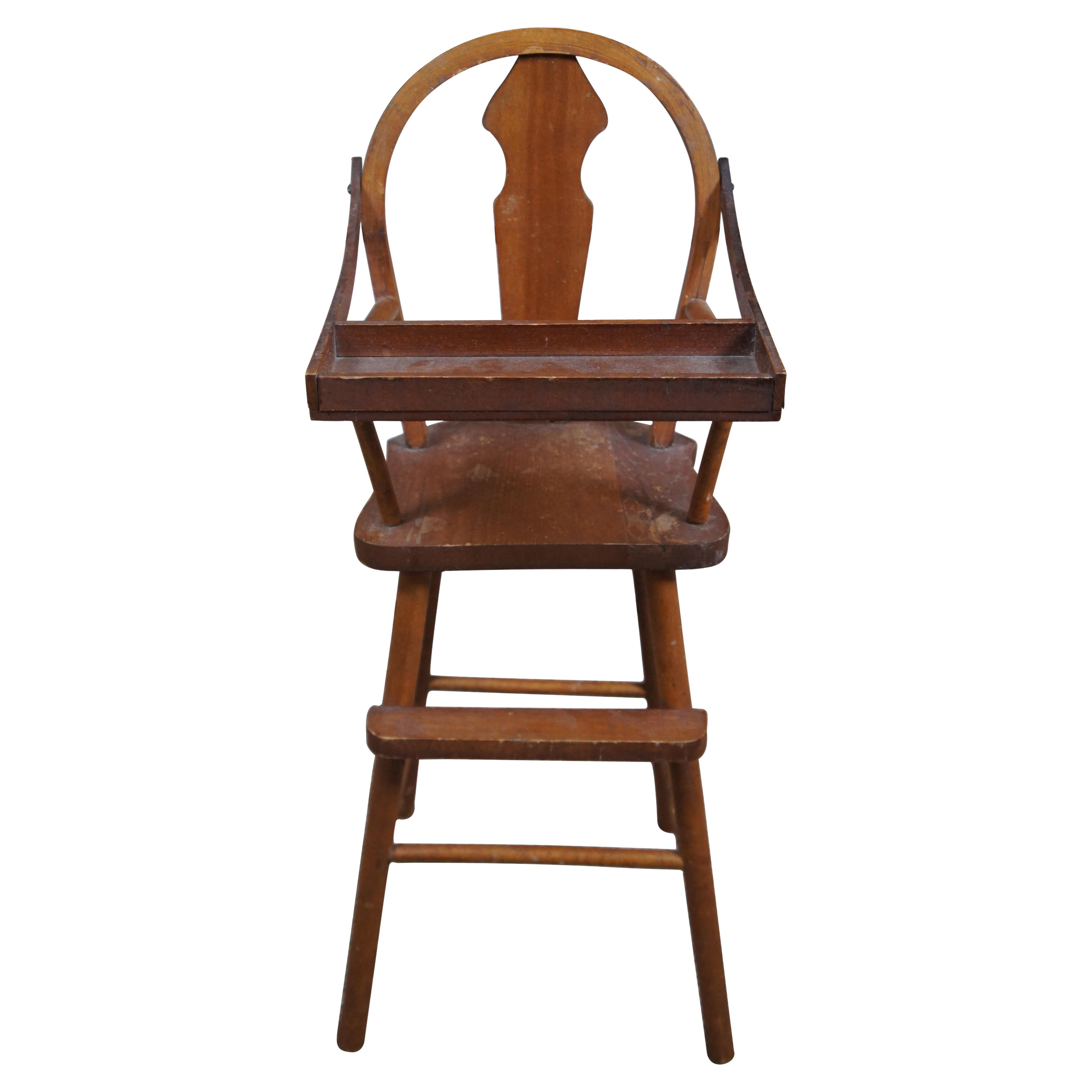 Antique Oak Wood Child Baby Doll Size High Chair W Swing Tray For Sale