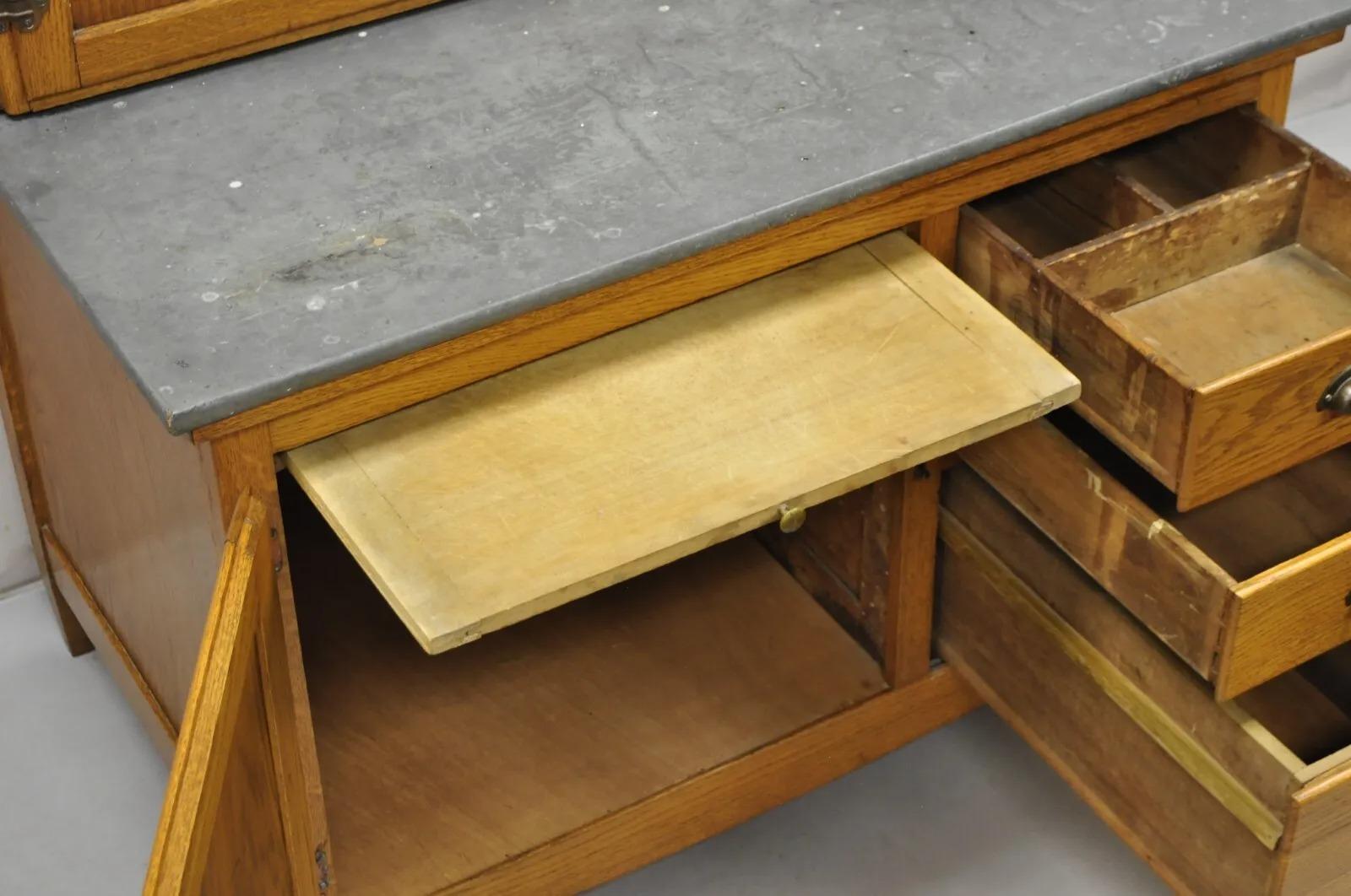 Antique Oak Wood Hoosier Style Cabinet Kitchen Cupboard with Pull Out Zinc Top 2
