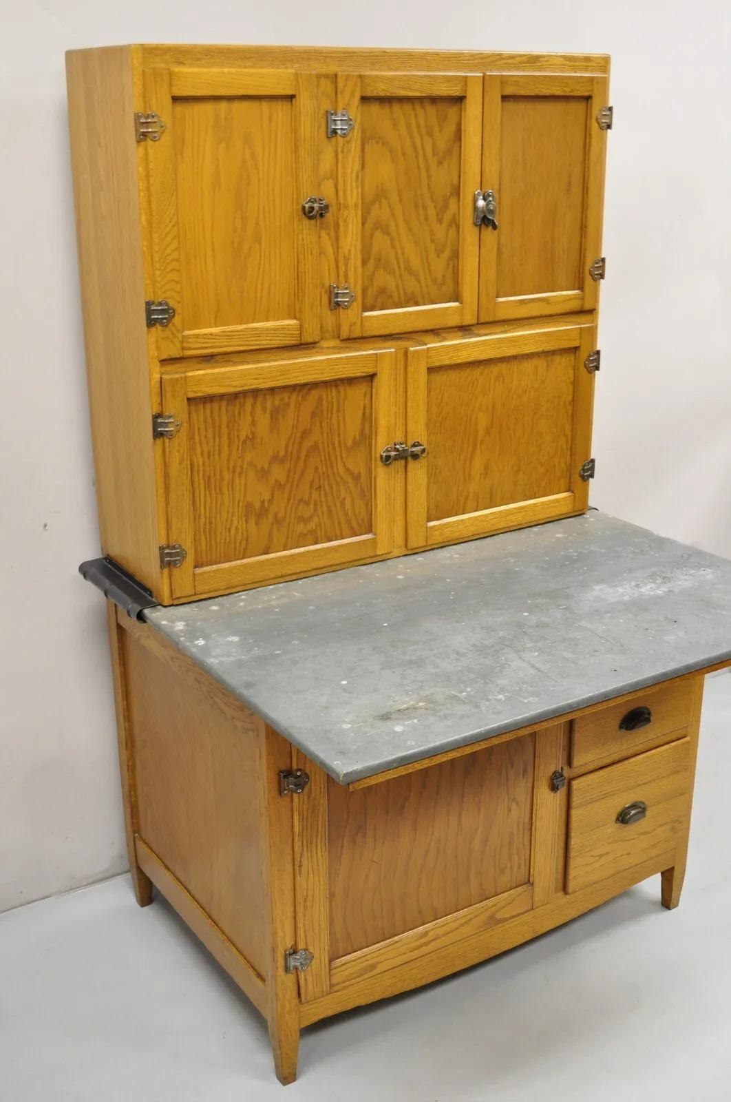Antique Oak Wood Hoosier Style Cabinet Kitchen Cupboard with Pull Out Zinc Top 6