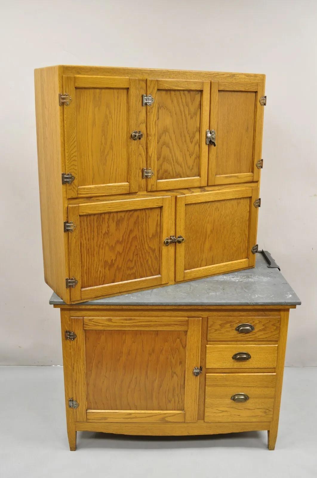 Antique Oak Wood Hoosier Style Cabinet Kitchen Cupboard with Pull Out Zinc Top 7