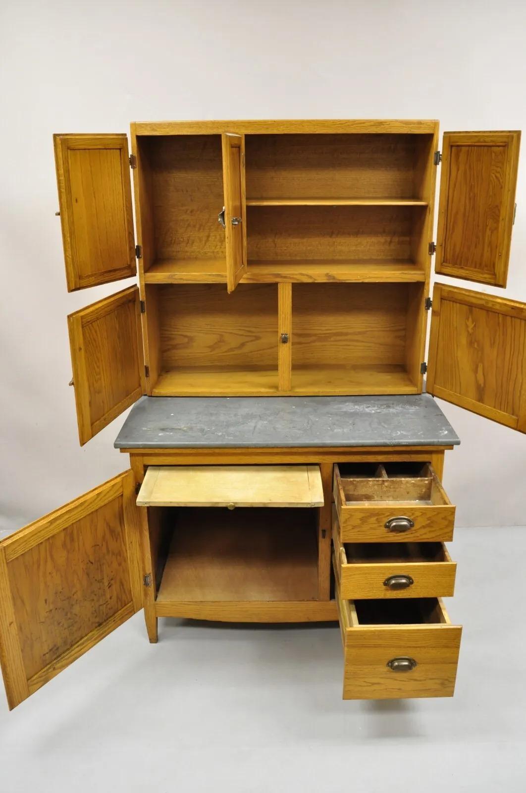 Country Antique Oak Wood Hoosier Style Cabinet Kitchen Cupboard with Pull Out Zinc Top