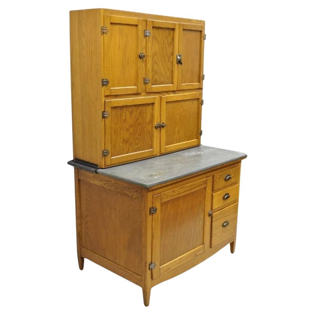 Antique Oak Wood Hoosier Style Cabinet Kitchen Cupboard with Pull Out Zinc Top