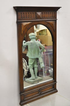 Antique Oak Wood Jacobean Style Carved Pediment Wall Mirror