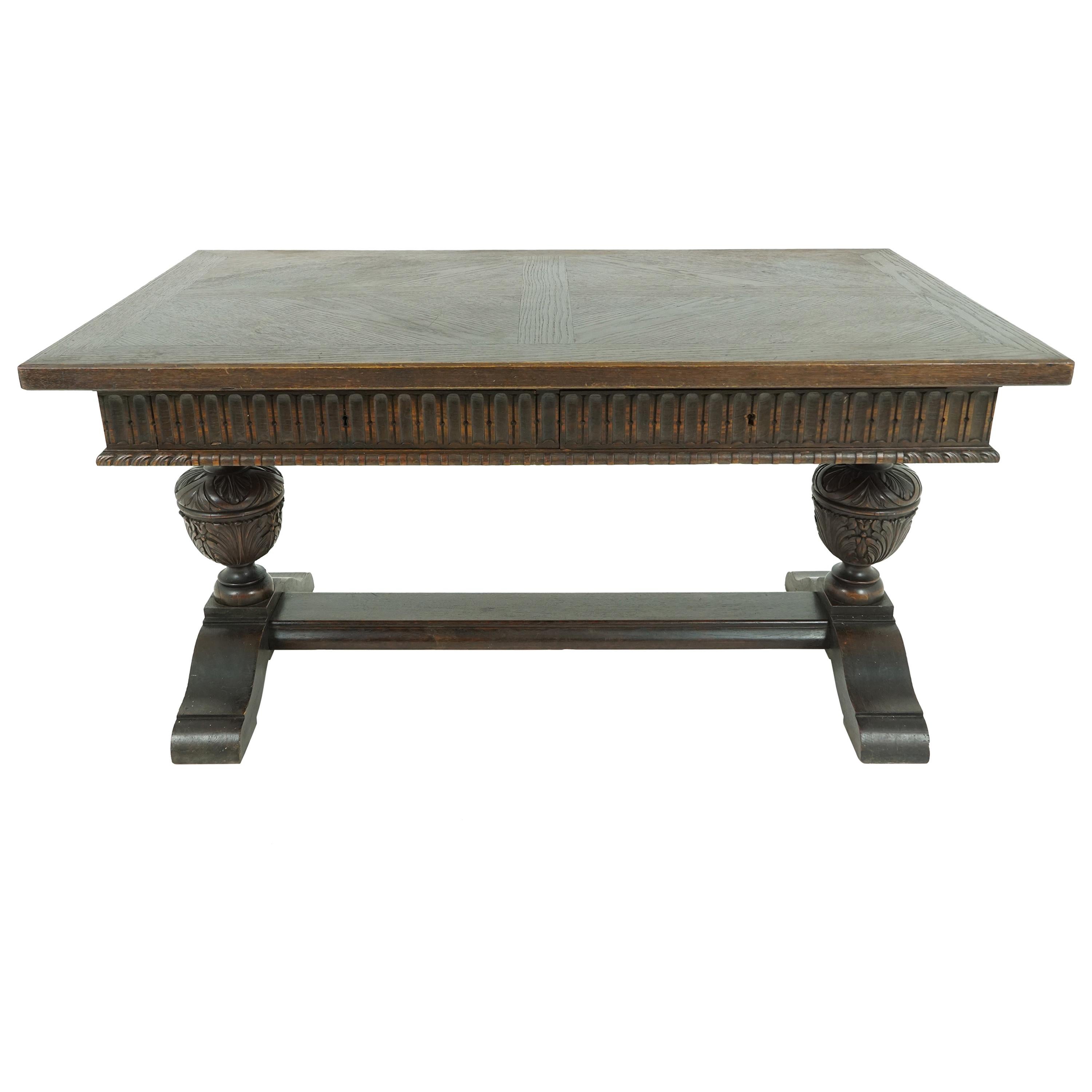 Antique Oak Writing Table, Desk With Large Bulbous Supports, 1794