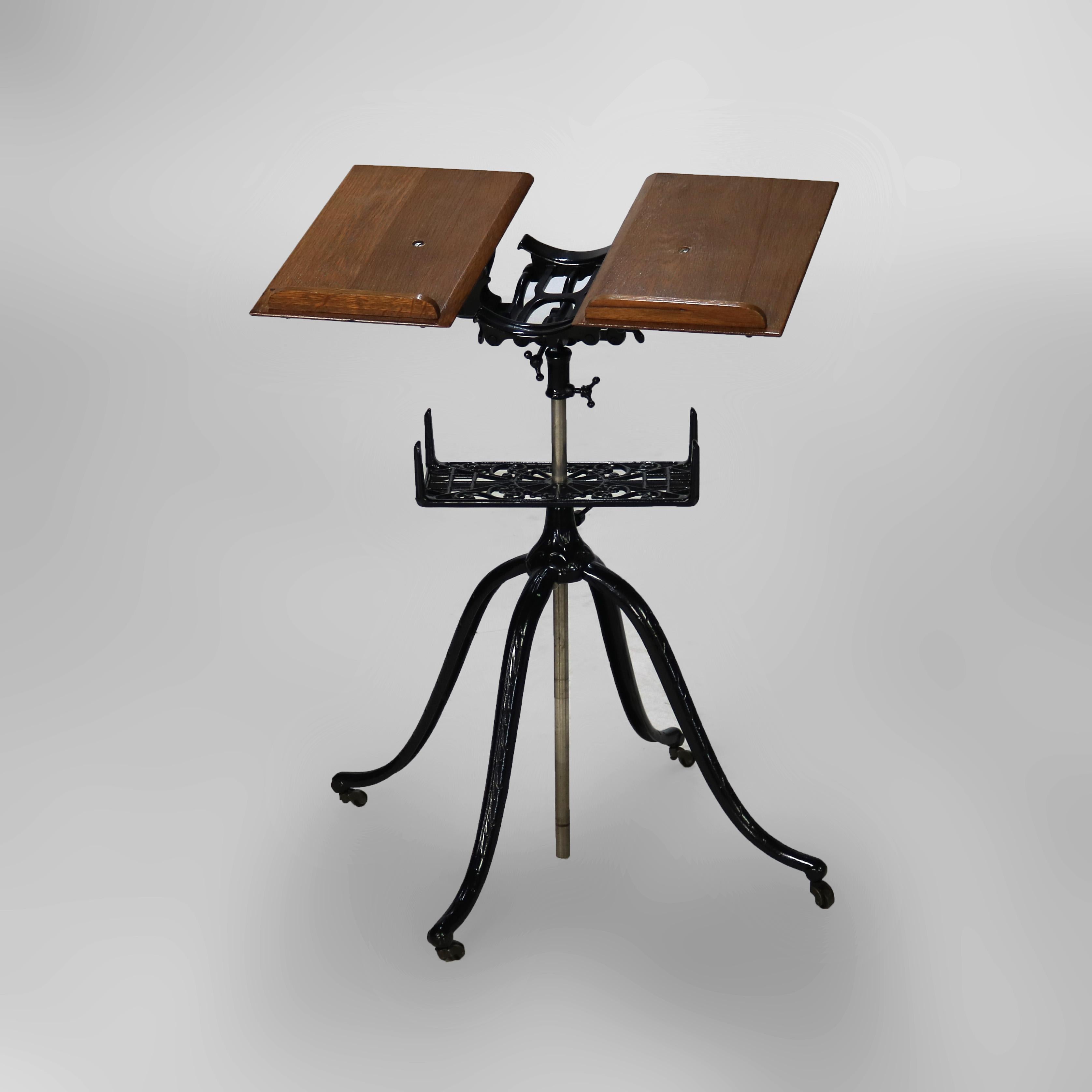 Antique Oak & Wrought Iron Adjustable Music Stand Unsigned C1920.   
Measures- 28.5