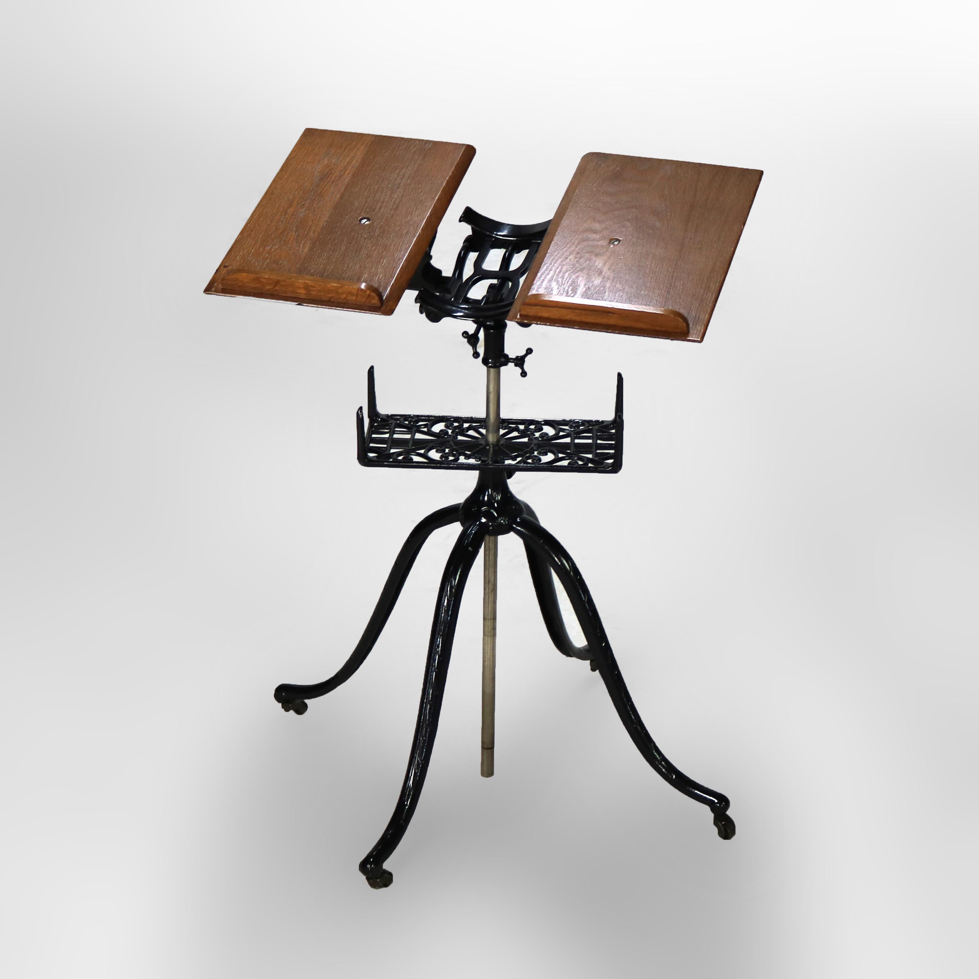 Antique Oak & Wrought Iron Adjustable Music Stand C1920 In Good Condition For Sale In Big Flats, NY
