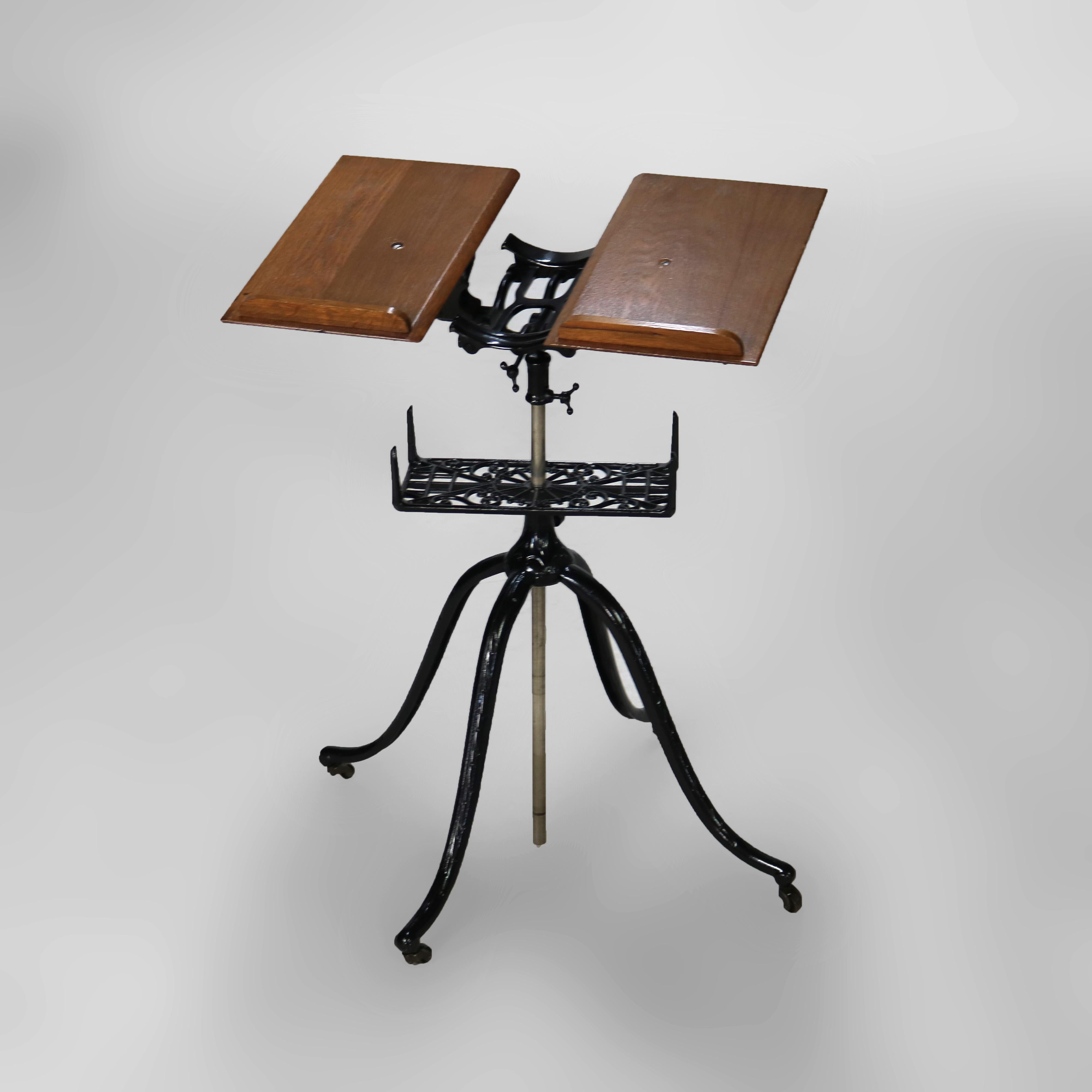 20th Century Antique Oak & Wrought Iron Adjustable Music Stand C1920 For Sale