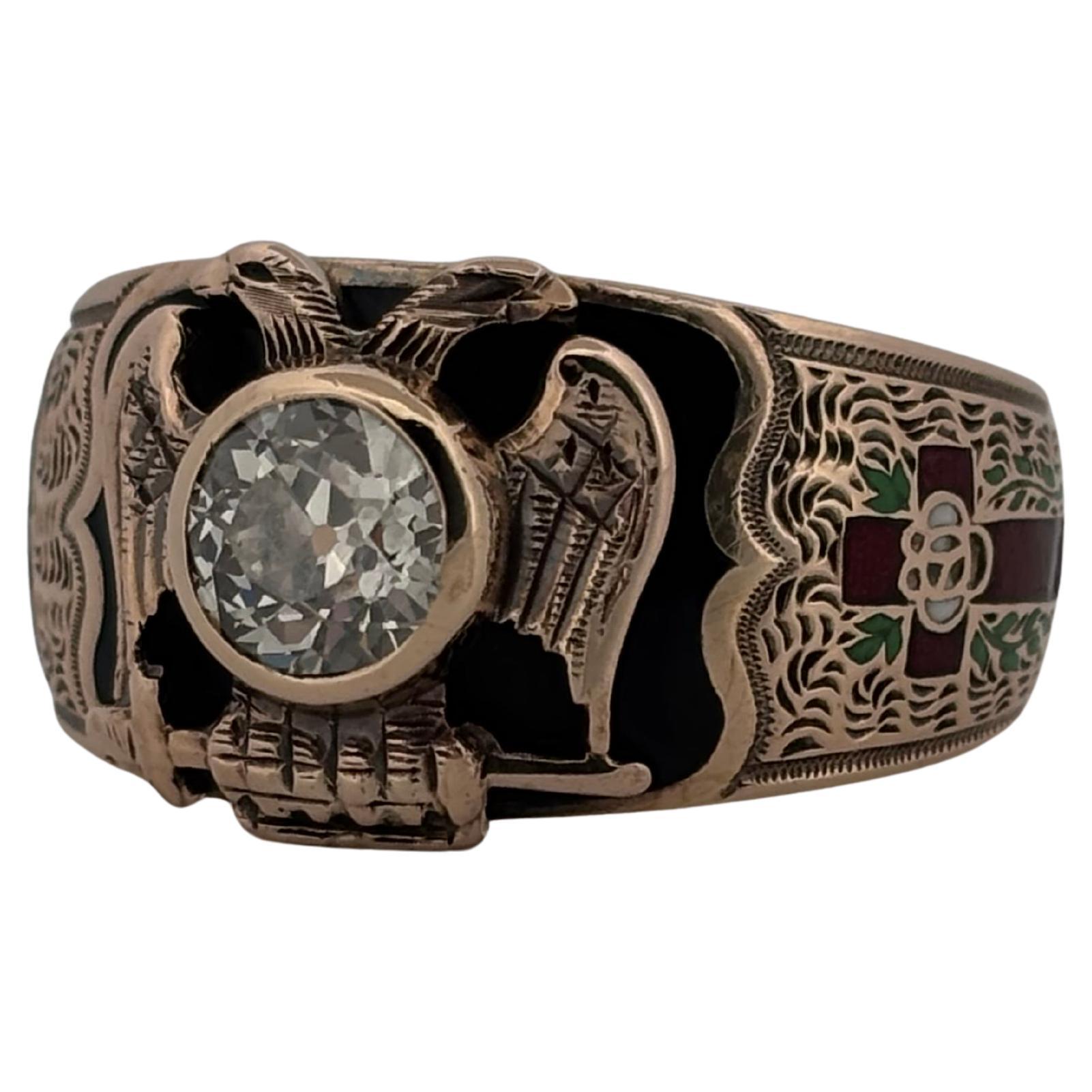 Bague ancienne OB Ostby Barton en or jaune 10K avec diamant de 0,82 carat et émail maçonnique