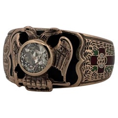 Bague ancienne OB Ostby Barton en or jaune 10K avec diamant de 0,82 carat et émail maçonnique