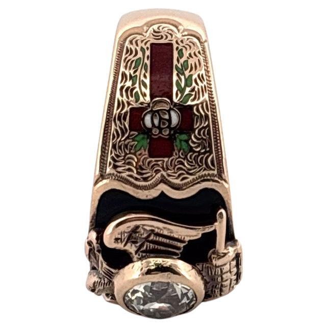 Antique OB Ostby Barton 10K Yellow Gold .82 Carat Diamond Masonic Enamel Ring For Sale 4