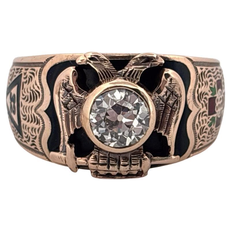 Retro Antique OB Ostby Barton 10K Yellow Gold .82 Carat Diamond Masonic Enamel Ring For Sale
