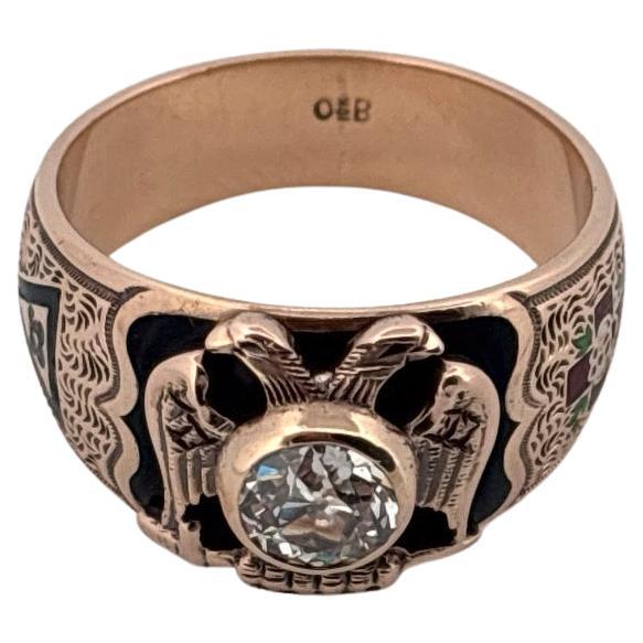 Round Cut Antique OB Ostby Barton 10K Yellow Gold .82 Carat Diamond Masonic Enamel Ring For Sale
