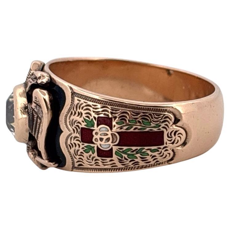 Antique OB Ostby Barton 10K Yellow Gold .82 Carat Diamond Masonic Enamel Ring In Good Condition For Sale In Sewickley, PA