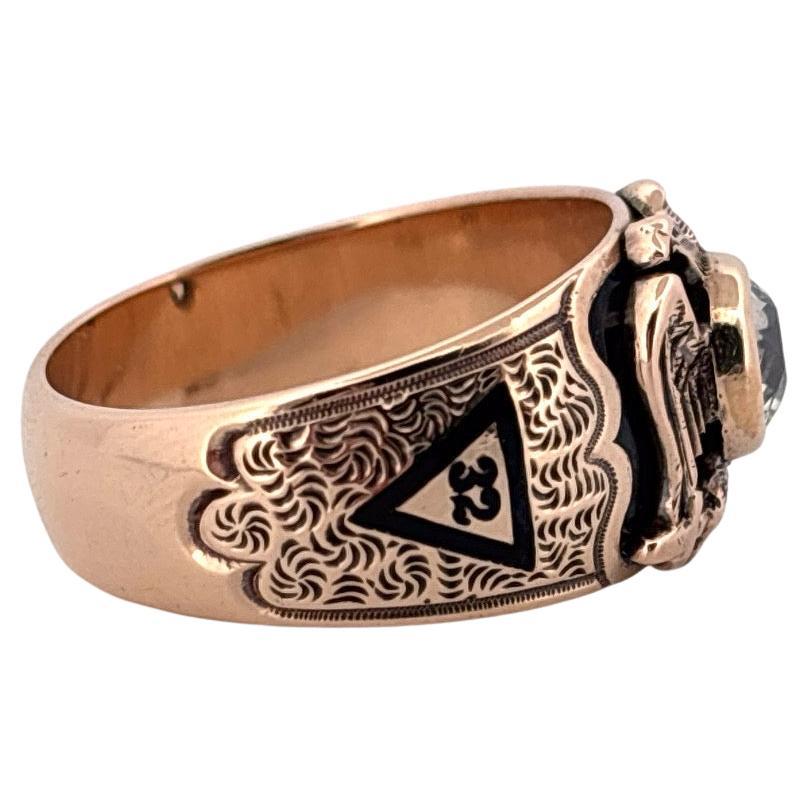 Men's Antique OB Ostby Barton 10K Yellow Gold .82 Carat Diamond Masonic Enamel Ring For Sale