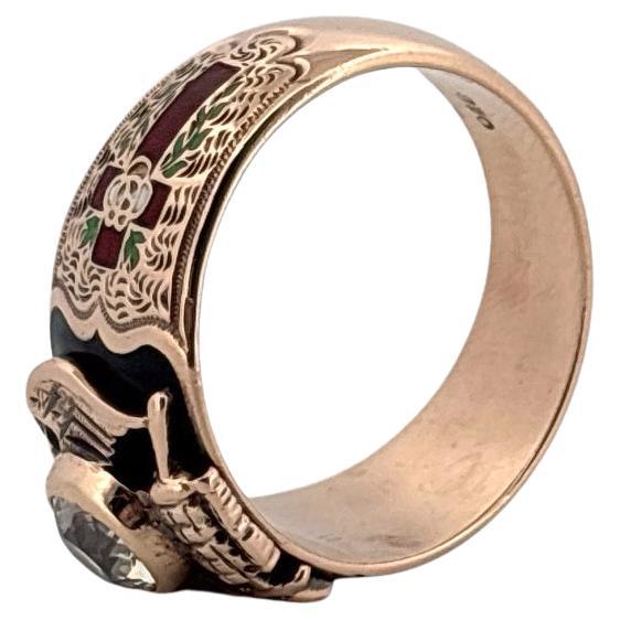Antique OB Ostby Barton 10K Yellow Gold .82 Carat Diamond Masonic Enamel Ring For Sale 1