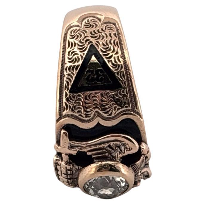 Antique OB Ostby Barton 10K Yellow Gold .82 Carat Diamond Masonic Enamel Ring For Sale 3