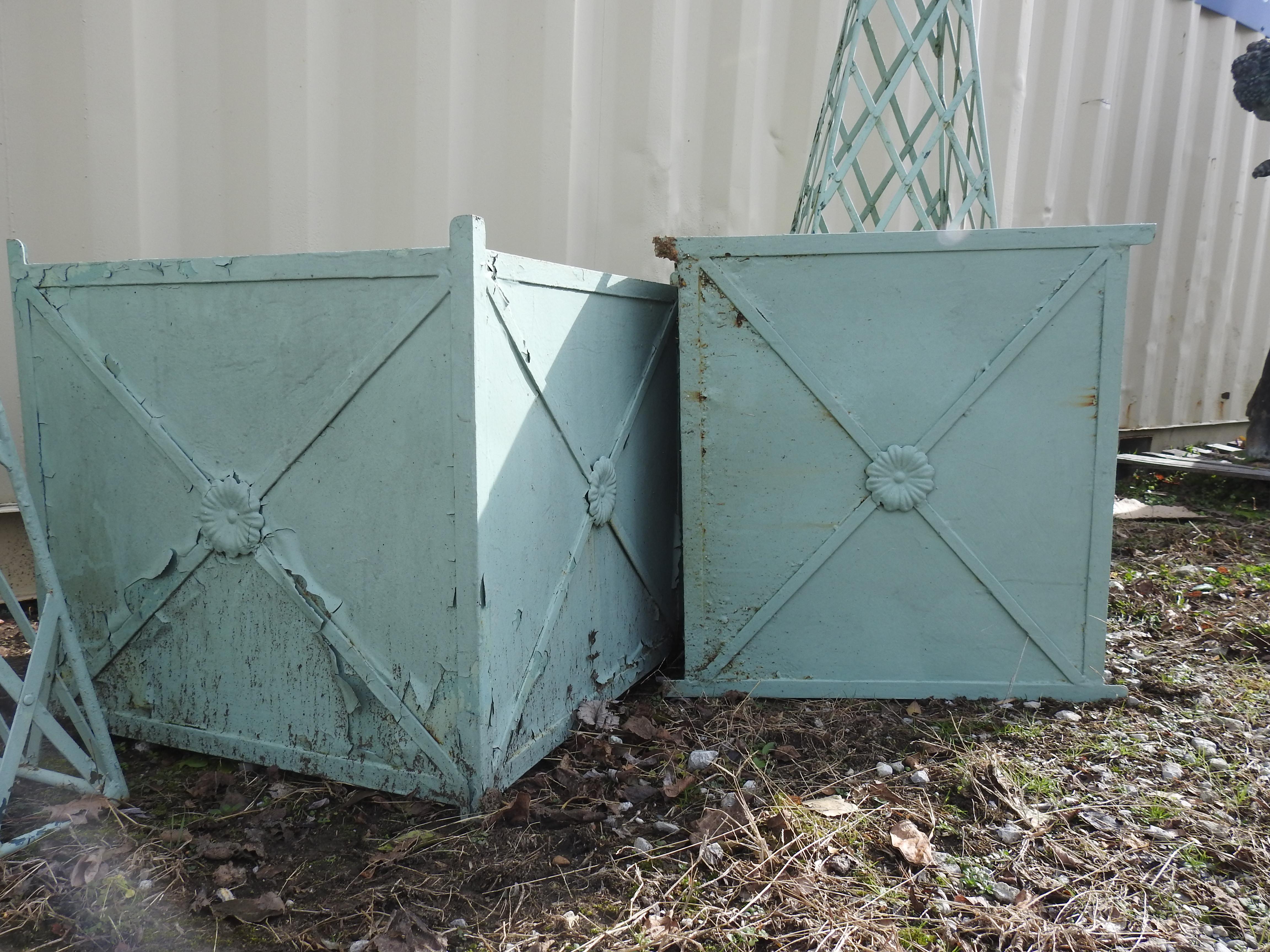 French Antique Obelisk Planters with Turquoise Paint For Sale