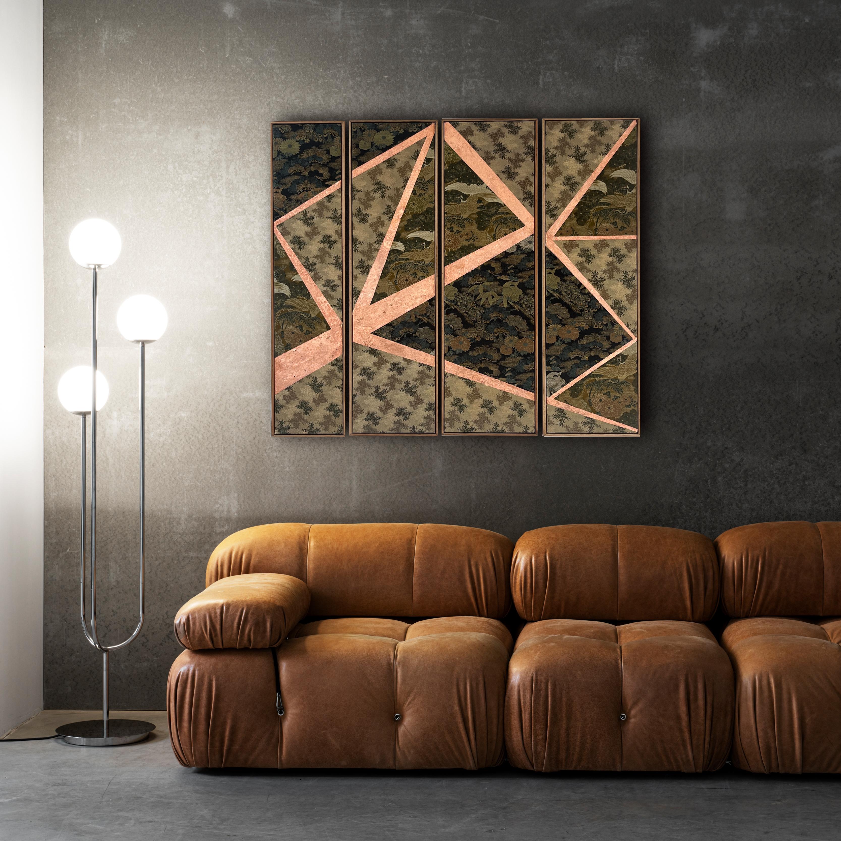 << Story behind the work >>

Obi fabric I used for this artwork is taken from three different over 100-years-old antique sashes, and is framed in wood taken from antique chest-of-drawers in which these sashes have been closed for decades.

The