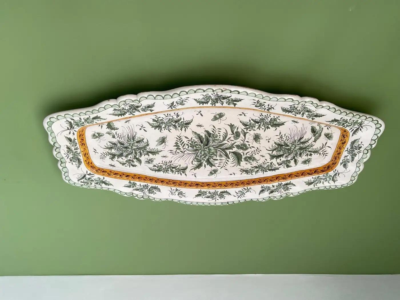 French Antique Oblong Ceramic Wall Platter in White and Green, France, 19th Century For Sale