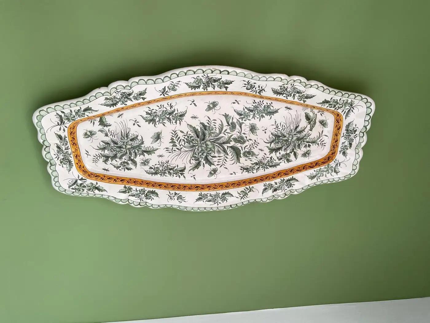 Glazed Antique Oblong Ceramic Wall Platter in White and Green, France, 19th Century For Sale