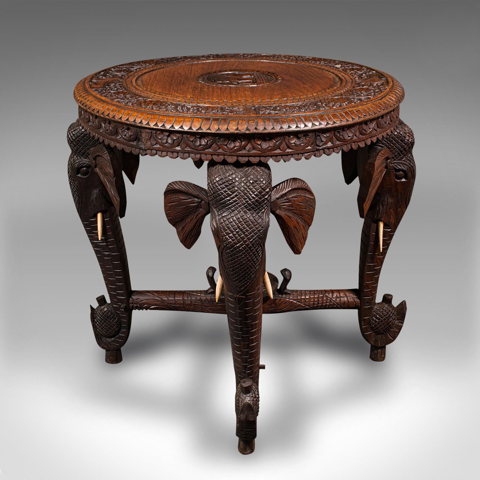 Anglo-Indian Antique Occasional Table, Indian Teak, Carved, Coffee, Elephants, Late Victorian
