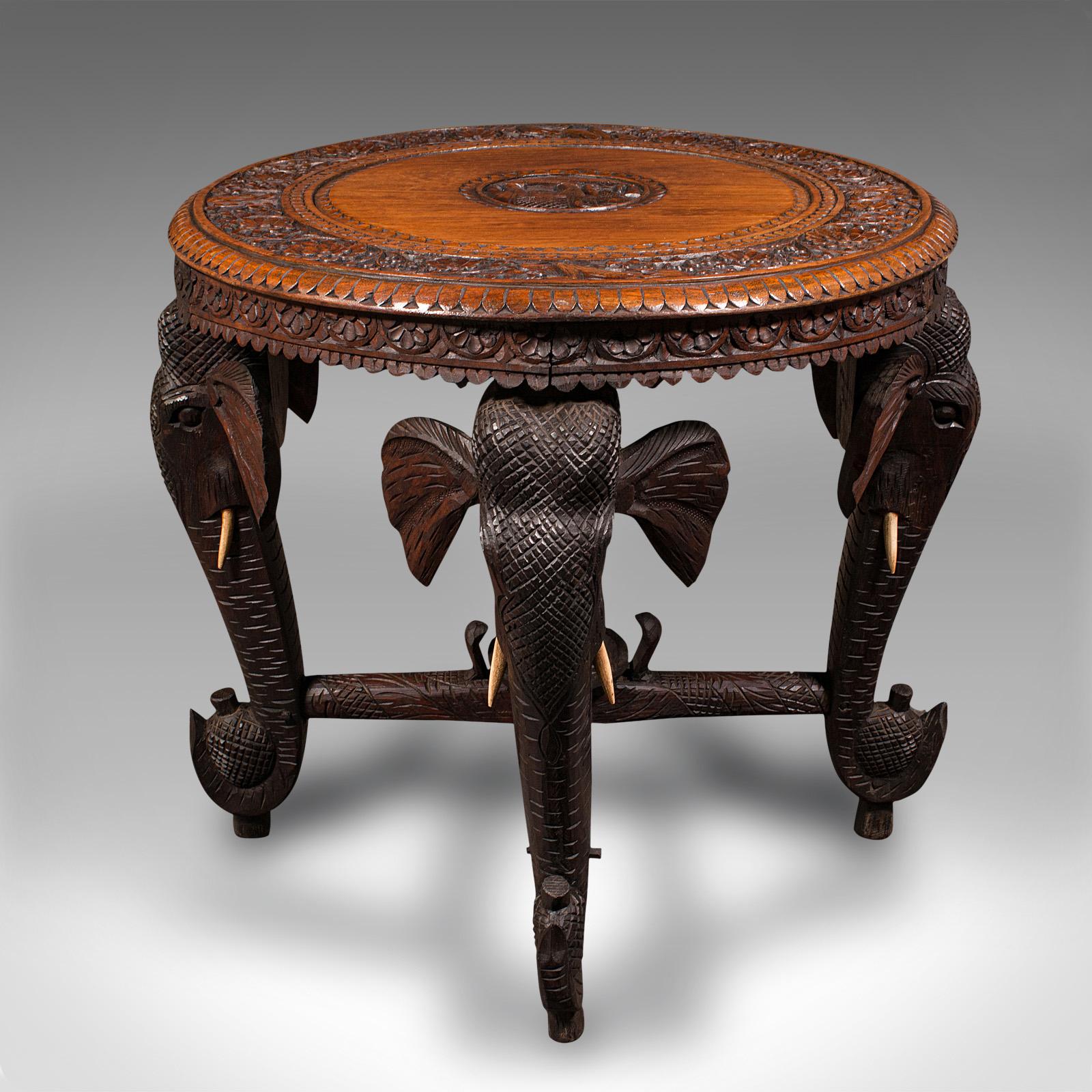 Antique Occasional Table, Indian Teak, Carved, Coffee, Elephants, Late Victorian In Good Condition In Hele, Devon, GB