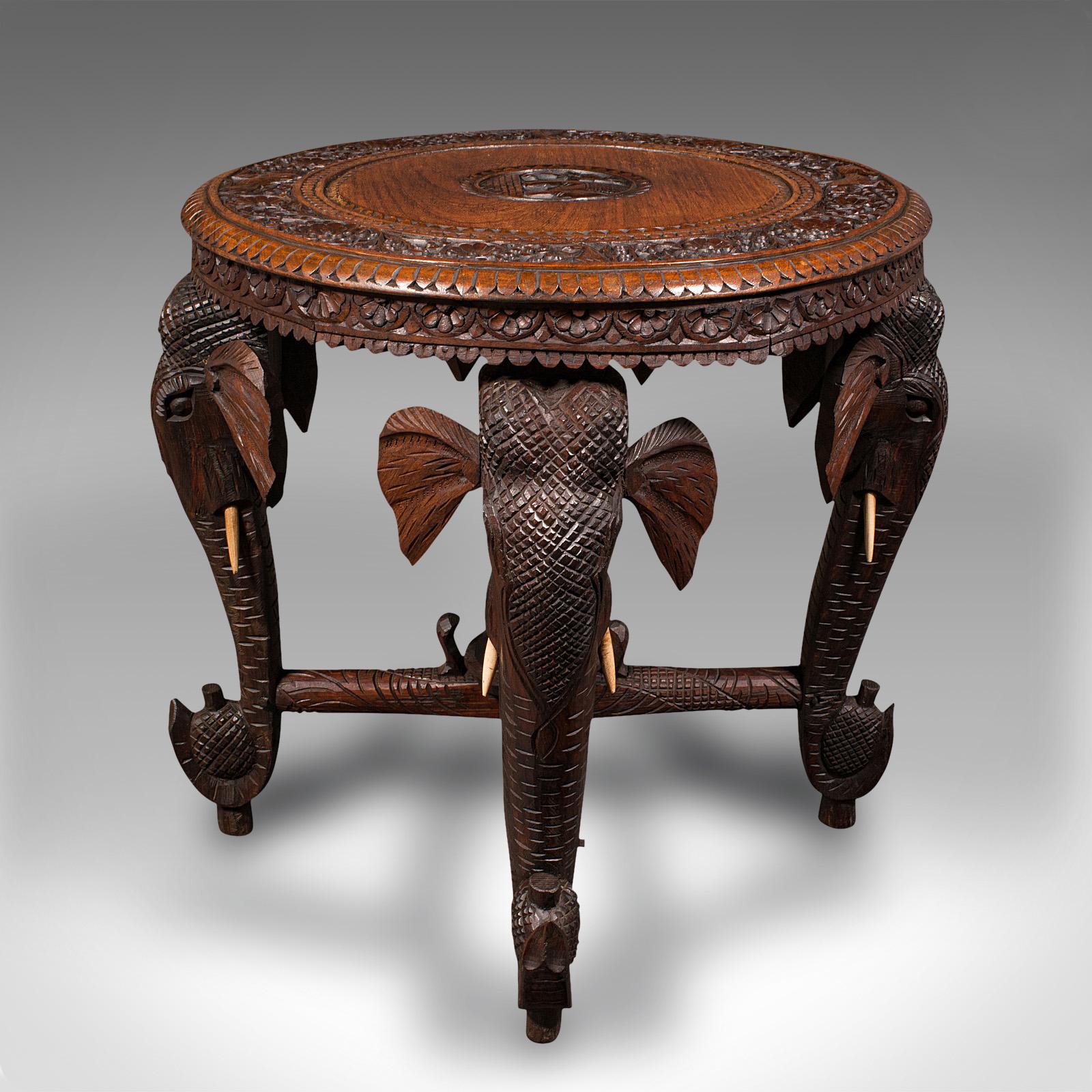 19th Century Antique Occasional Table, Indian Teak, Carved, Coffee, Elephants, Late Victorian