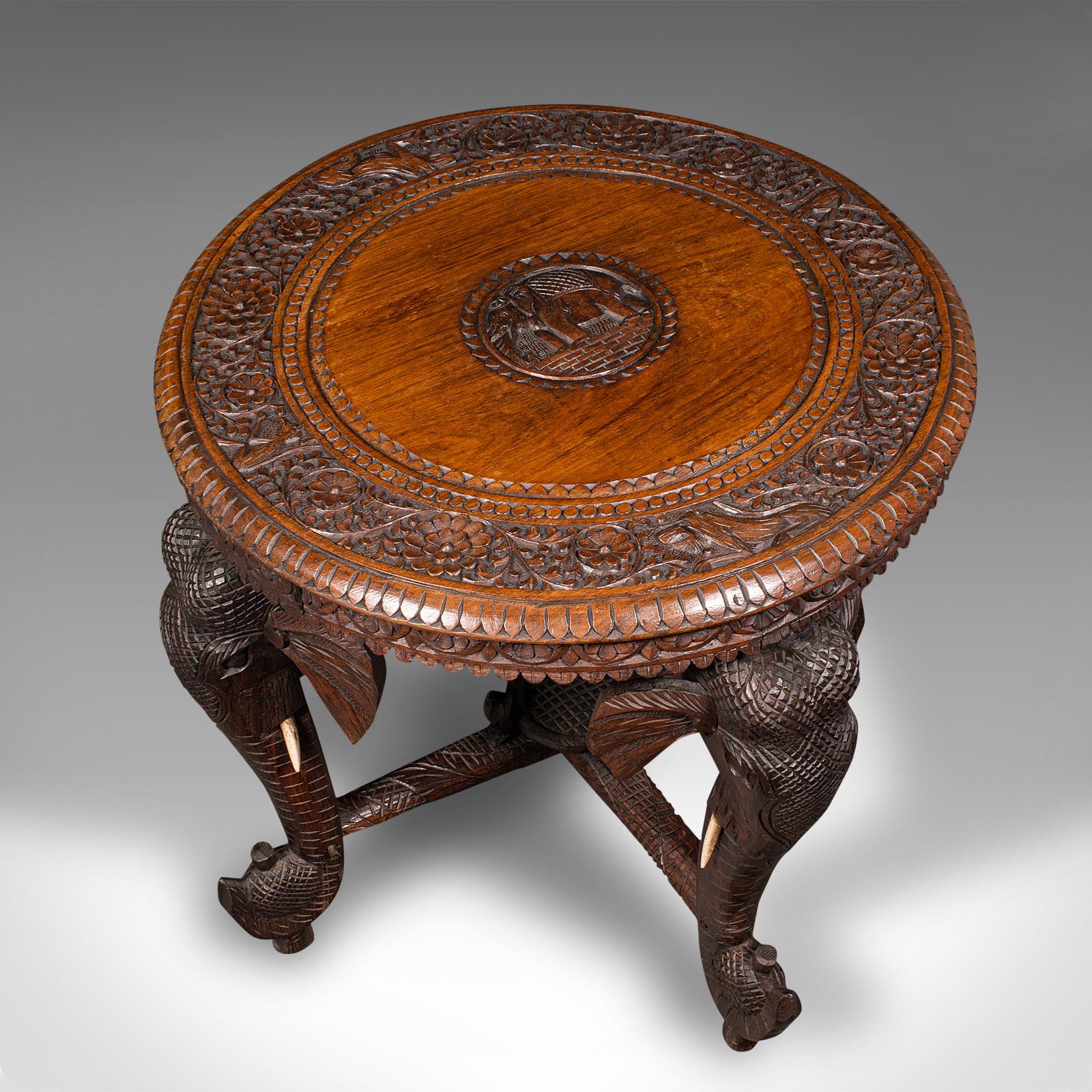 Antique Occasional Table, Indian Teak, Carved, Coffee, Elephants, Late Victorian 1