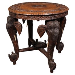 Table d'appoint ancienne, teck indien, sculpté, café, éléphants, fin de l'époque victorienne