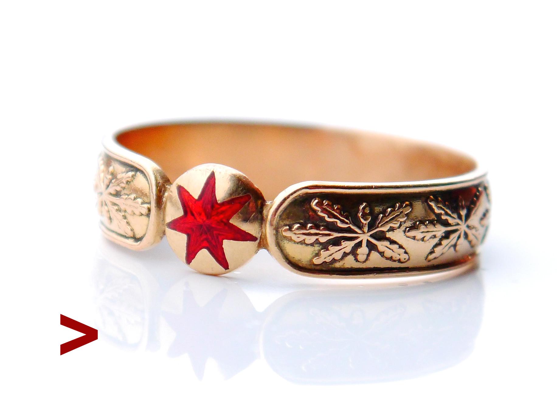 Old ring in solid 18K Yellow Gold featuring seven pointed Blazing Star in Red Enamel and band with profile ornament of oak leaves & acorns. Can be some type of Occult ring. Likely ceremonial to be worn on top of the glove, and that may explain its