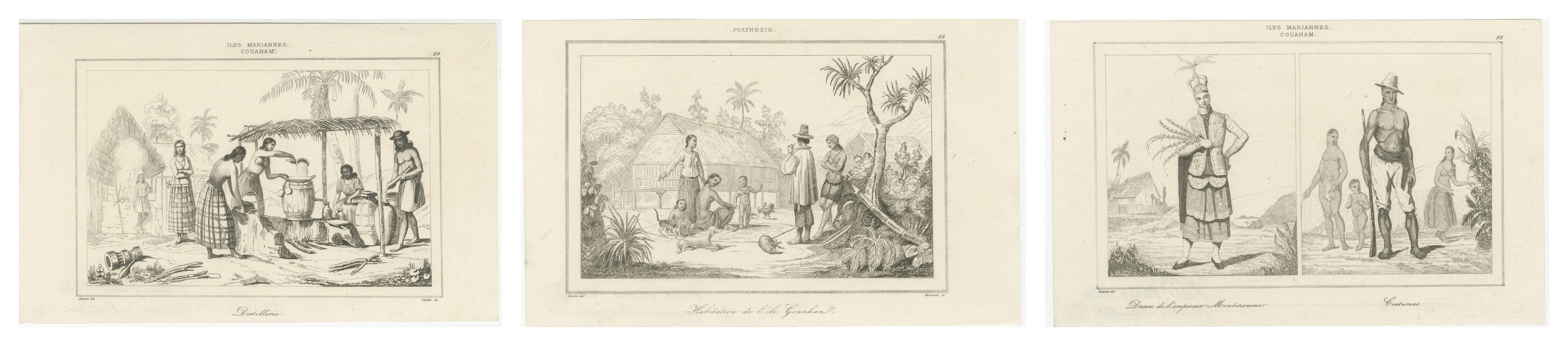 Antique Oceania Engravings – Guam Chamorro Life, Distillery and Costumes, 1836