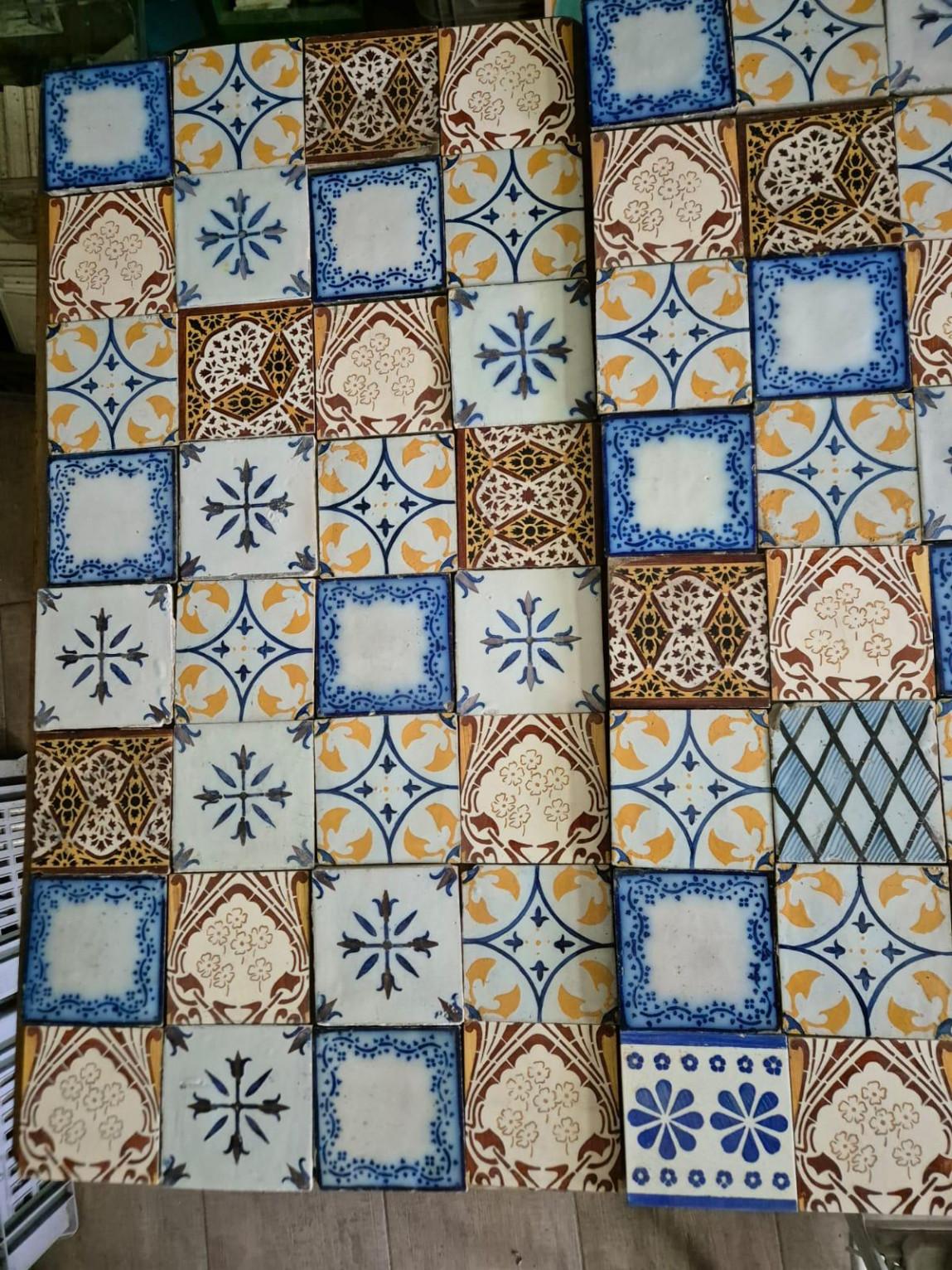 Ceramic Antique Ochre Glazed Relief Tiles, circa 1920 For Sale