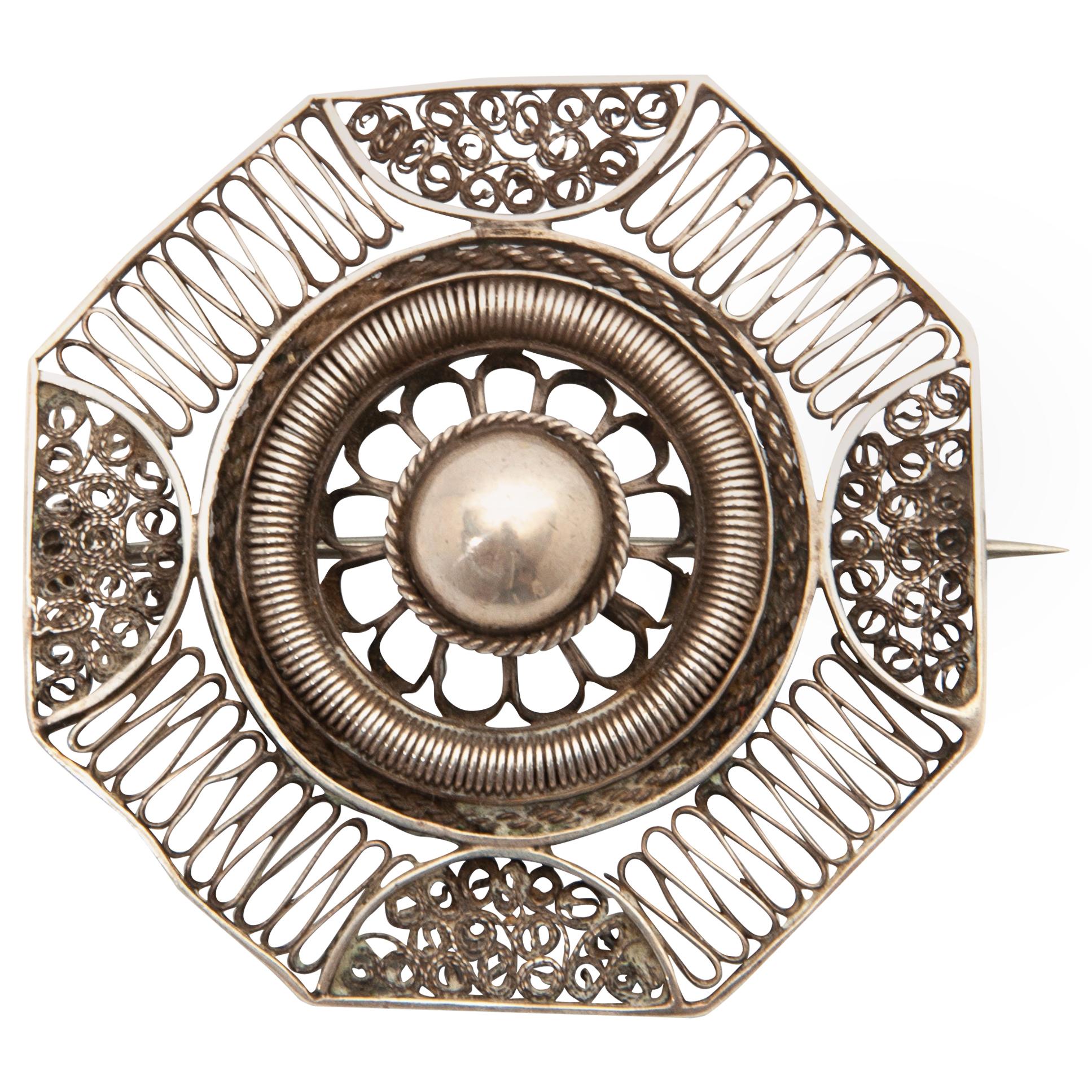 Vintage Octagon Silver Filigree Brooch