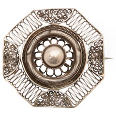 Antique Octagon Silver Filigree Brooch