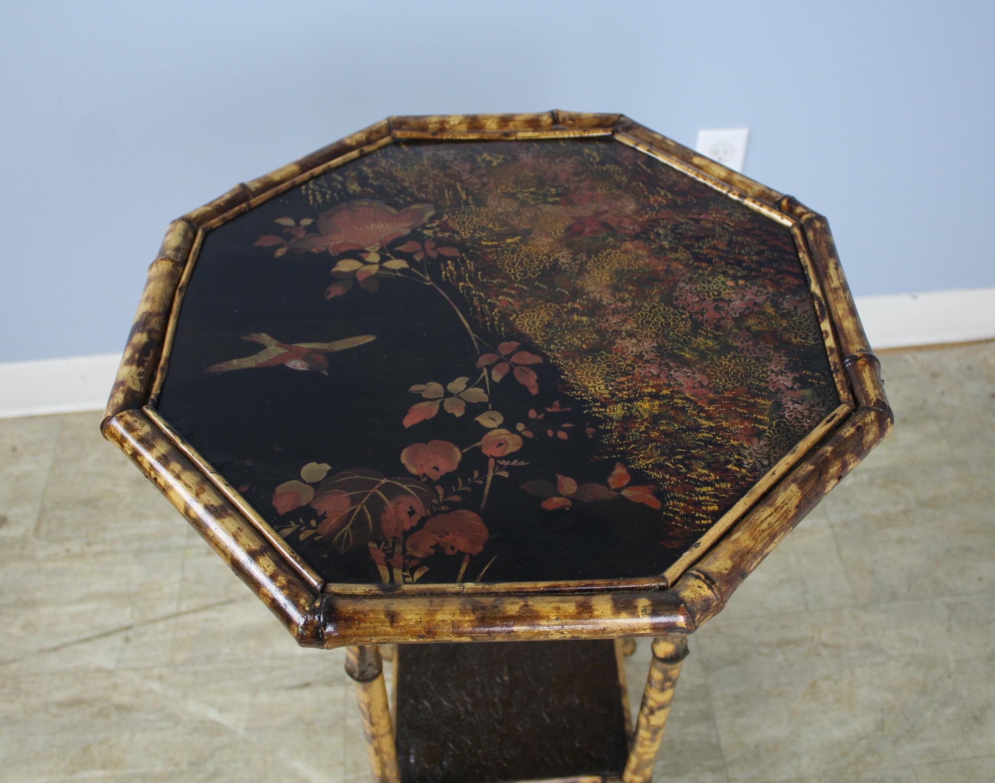 English Antique Octagonal Bamboo Side Table with Lacquered Top