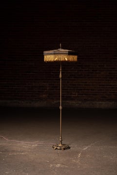 Antique Octagonal Bronze Floor Lamp with Fringed Shade