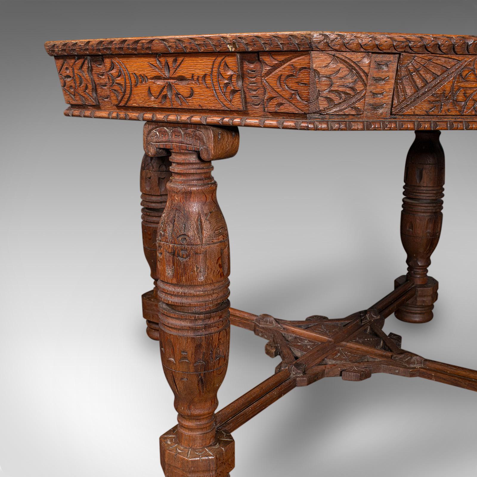 Antique Octagonal Centre Table, Scottish Oak, 4 Seat, Gothic Revival, Victorian For Sale 5