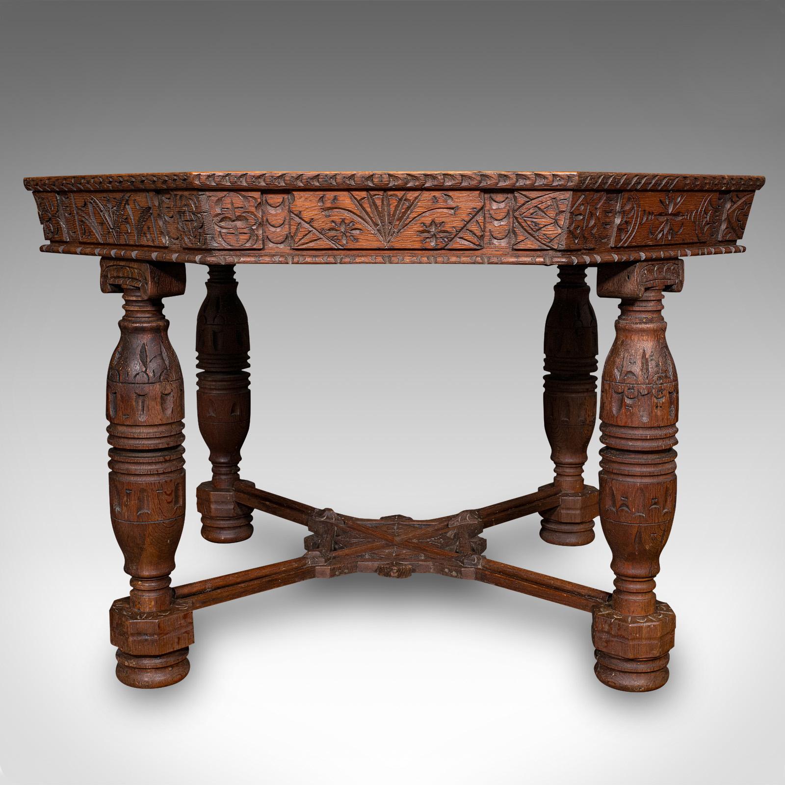 British Antique Octagonal Centre Table, Scottish Oak, 4 Seat, Gothic Revival, Victorian For Sale