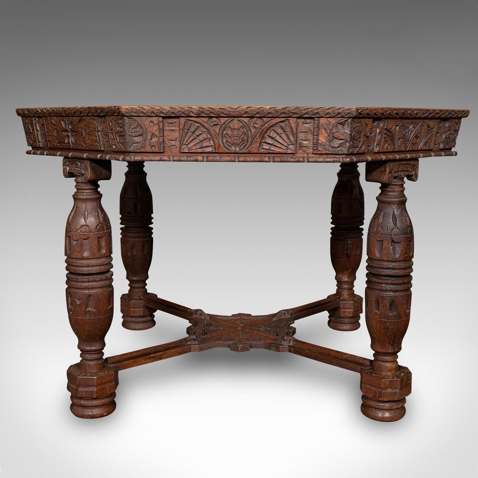 Antique Octagonal Centre Table, Scottish Oak, 4 Seat, Gothic Revival, Victorian In Good Condition For Sale In Hele, Devon, GB