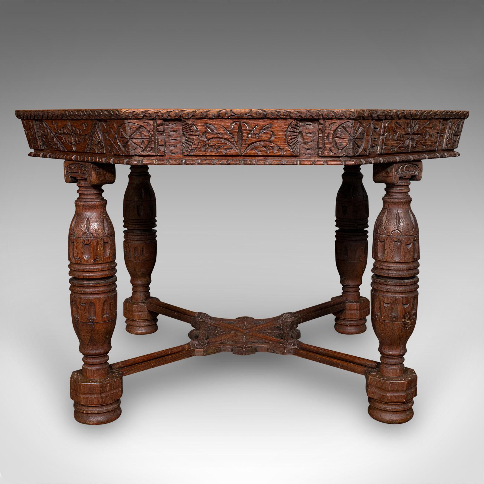 19th Century Antique Octagonal Centre Table, Scottish Oak, 4 Seat, Gothic Revival, Victorian For Sale