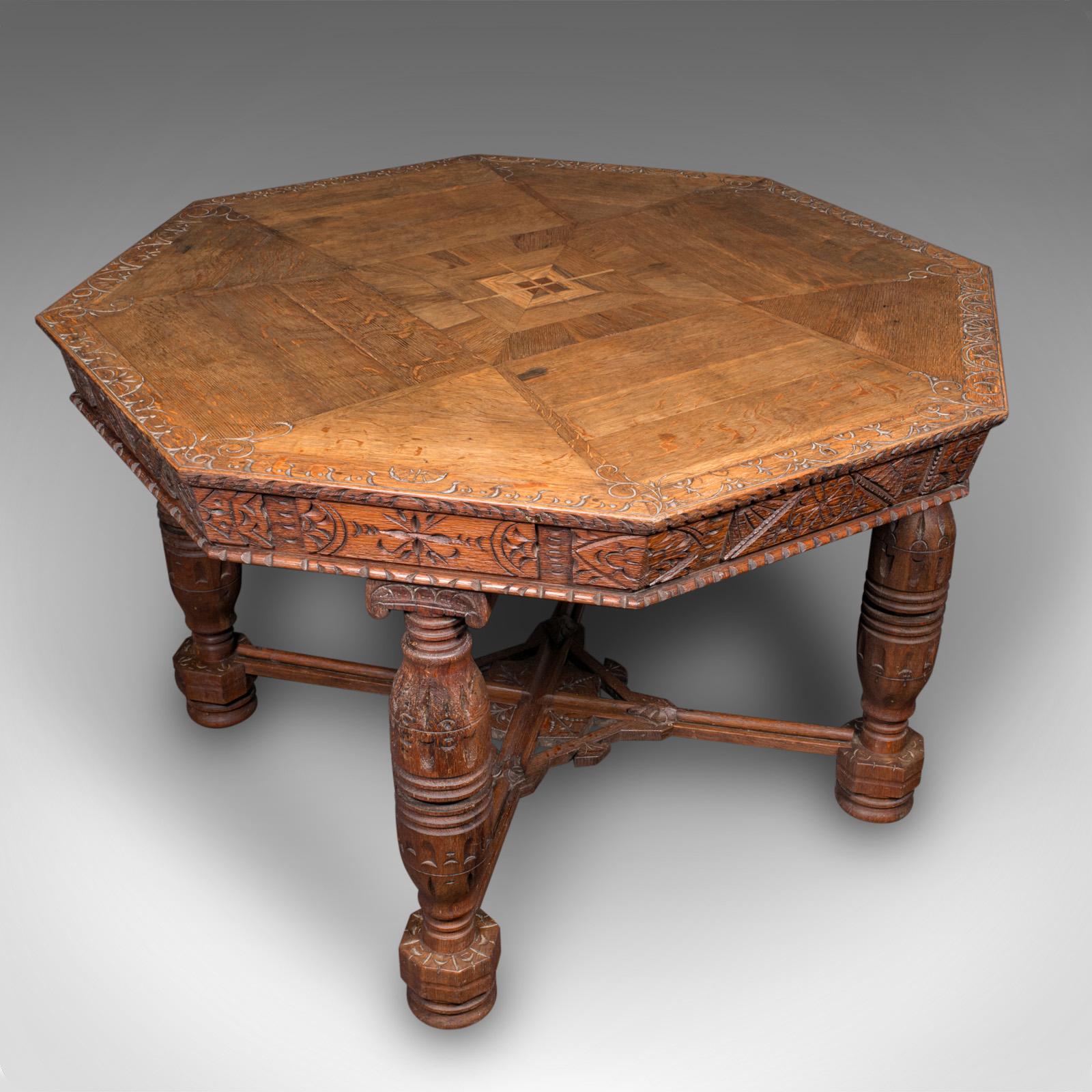 Antique Octagonal Centre Table, Scottish Oak, 4 Seat, Gothic Revival, Victorian For Sale 1